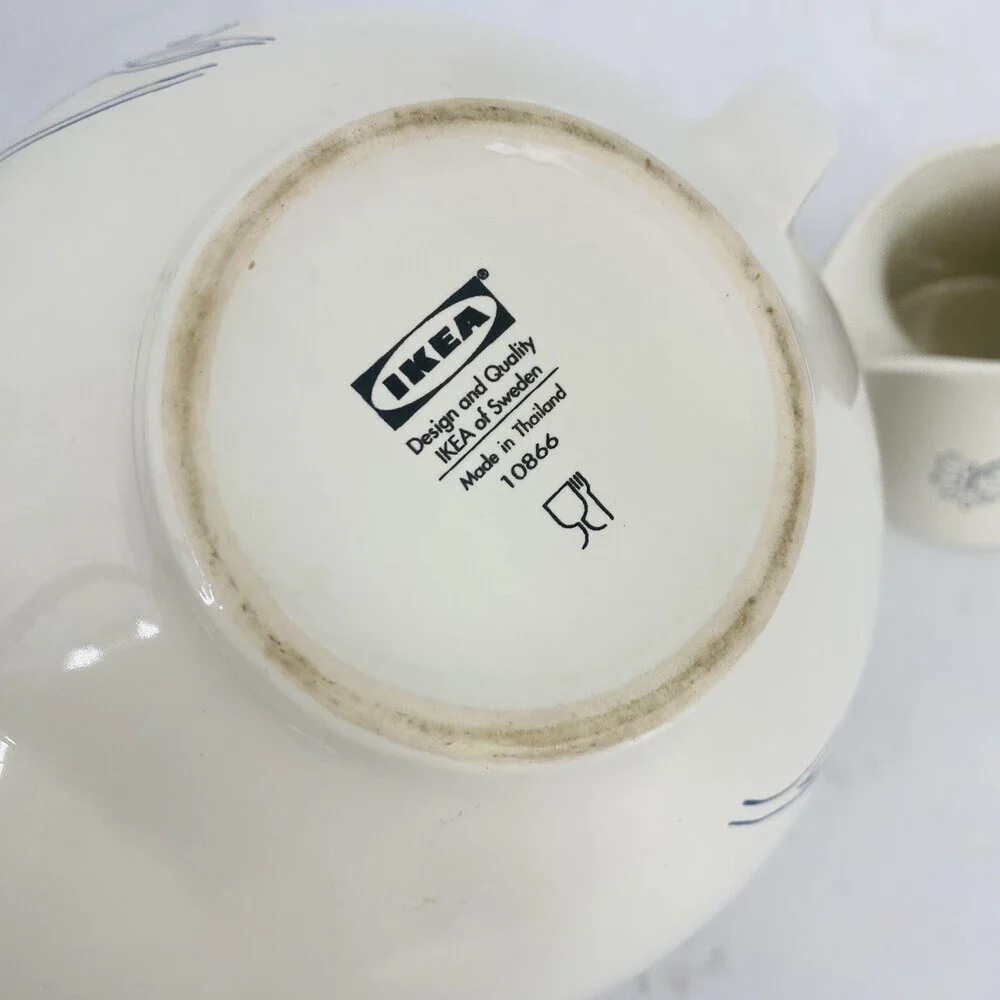 Vintage IKEA Odmjuk Teapot And Creamer Set Bone White With Navy Floral Design